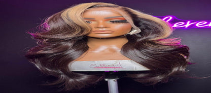 brown wig with blonde skunk patch body wave curls